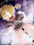  1girl black_shirt blonde_hair blue_eyes bubble_skirt doll dutch_angle female flying hat looking_at_viewer medicine_melancholy pink_skirt shirt short_hair size_difference skirt solo standing su-san touhou 