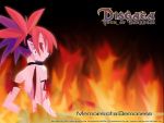  1girl armlet bare_shoulders bat_wings black_ribbon blush closed_mouth copyright_name disgaea etna expressionless fire flame harada_takehito looking_at_viewer makai_senki_disgaea profile red_eyes redhead ribbon solo twintails upper_body wallpaper wings 