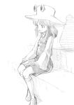  1girl female hair_ribbon hat kiriu kneehighs monochrome moriya_suwako ribbon short_hair sitting sketch smile solo touhou 