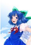  1girl blue_eyes blue_hair bow cirno clouds female hair_bow kiriu open_mouth outdoors puffy_short_sleeves puffy_sleeves shoot_the_bullet short_hair short_sleeves sky solo standing touhou 