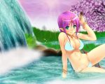  1girl akamaru aqua_eyes bikini breasts elf gypsy huge_breasts large_breasts lowleg lowleg_bikini pointy_ears purple_hair ragnarok_online solo swimsuit wallpaper water waterfall 