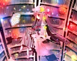  1girl book bow colorful crescent crescent_moon female floating glowing hair_bow hat lamp library long_hair moon patchouli_knowledge purple_hair robe solo star striped torii_sumi touhou violet_eyes voile 