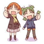  2girls ^_^ azumanga_daioh bangs blush blush_stickers boots child closed_eyes clover coat creator_connection crossover four-leaf_clover full_body green_hair happy jacket koiwai_yotsuba legs_apart lowres mihama_chiyo miniskirt multiple_girls object_namesake open_mouth orange_hair pants quad_tails scarf short_twintails skirt smile standing thumbs_up twintails winter yotsubato! 