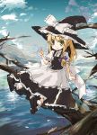  apron blonde_hair blush bow female green_eyes hair_bow hat in_tree kirisame_marisa perfect_cherry_blossom petticoat salute sitting sitting_in_tree sky snow touhou tree witch witch_hat yamane_masato 