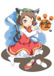  1girl ;p animal_ears bell brown_hair cat_ears cat_tail chen earrings female hat jewelry konata_gazel multiple_tails nanatsuhane one_eye_closed paw_print shoes_removed short_hair sitting solo tail tongue tongue_out touhou wariza wink 