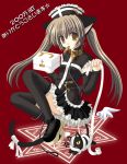  1girl animal_ears bandage bandaid brown_eyes brown_hair cat cat_ears gothic long_hair maid mouth_hold nekoneko nurse skirt solo tail thigh-highs twintails 