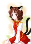  1girl animal_ears brown_eyes brown_hair cat_ears cat_tail chen china_dress chinese_clothes dress female kiriu multiple_tails no_hat no_headwear short_hair solo tail touhou 