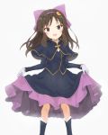  1girl blush bow brown_eyes brown_hair capelet gloves hair_bow half_updo highres idolmaster idolmaster_cinderella_girls long_hair looking_at_viewer minikon open_mouth project_krone skirt_hold solo tachibana_arisu white_gloves 