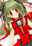  1girl beatmania beatmania_iidx green_hair hair_ribbon hishimiya_tsugaru long_hair lowres nail_polish red_eyes red_nails ribbon solo 