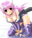  1girl all_fours bangle bare_shoulders blush boots bracelet breasts cleavage detached_sleeves fingerless_gloves gloves jewelry leotard long_hair lowres nei obi phantasy_star phantasy_star_ii pink_eyes pink_hair pointy_ears purple_boots purple_hair sash solo thigh-highs tiles v_arms violet_eyes white_background 