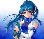  1girl bangs blue_eyes blue_hair blunt_bangs closed_mouth detached_sleeves earrings folder gradient gradient_background head_tilt holding jewelry long_hair long_sleeves os-tan ponytail simple_background skin_tight smile solo upper_body wrist_cuffs xp-tan 