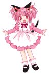  00s 1girl animal_ears apron cat_ears cat_tail dress footwear hair_ribbon ikumi_mia mary_janes momomiya_ichigo open_mouth outstretched_arms pink_dress pink_eyes pink_hair ribbon shoes short_hair socks solo spread_arms tail tokyo_mew_mew 