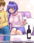  1boy 1girl aizawa_yuuichi alcohol blue_pants blue_skirt braid cushion drunk hair_intakes kanon lowres minase_akiko oekaki pants pencil_skirt skirt sweater turtleneck wine zen 