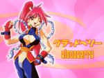  1girl 90s bare_shoulders bloodberry breasts character_name cleavage earrings fang fingerless_gloves gloves jewelry kotobuki_tsukasa lipstick long_hair makeup midriff one_eye_closed pink_background pink_hair ponytail red_eyes rope saber_marionette_j solo spandex wallpaper wink 