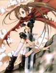  1girl bandage black_gloves blue_eyes boots brown_hair cloak clouds gloves melty_bagle miniskirt nanase_aoi petit_monster skirt sky solo standing sword thigh-highs torn_clothes twintails weapon white_legwear zettai_ryouiki 