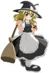  1girl blonde_hair bow braid broom d.a female full_body grin hair_bow hat kirisame_marisa long_hair maid simple_background skirt smile solo touhou transparent_background witch witch_hat yellow_eyes 