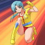  1girl 80s armpits belt blue_eyes blue_hair boots gloves haruyama_kazunori lowres ninja_senshi_tobikage oldschool panties pantyshot ponytail red_panties reni_ai smile solo underwear yellow_boots 