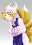  1girl blonde_hair dress female fifty fox_tail frilled_sleeves frills grey_background hands_in_sleeves hat long_sleeves looking_at_viewer mob_cap multiple_tails pillow_hat short_hair simple_background solo tabard tail touhou white_background white_dress wide_sleeves yakumo_ran yellow_eyes 