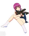  00s 1girl battle_rifle boots fg42 gun humarittt_zzz_lila lila_(najica_blitz_tactics) long_hair najica_blitz_tactics orange_eyes purple_hair rifle sitting solo twintails weapon 