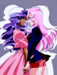  2girls 90s bike_shorts dark_skin dress eye_contact gown grey_background hand_holding hat himemiya_anthy interlocked_fingers looking_at_another multiple_girls official_art pink_dress pink_hair school_uniform serafuku shoujo_kakumei_utena tenjou_utena yuri 