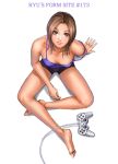 1girl arm_support barefoot breasts brown_eyes brown_hair cleavage controller downblouse feet from_above game_console game_controller gamepad indian_style legs legs_crossed lips long_legs looking_up original playstation ryu_(ryu&#039;s_former_site) shorts sitting smile solo strap_slip toes 