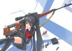  1girl black_hair bullet bullpup dragunov_svd gun long_hair magazine magazine_(weapon) nakazy ponytail red_eyes rifle school_uniform serafuku shell_casing sniper_rifle solo suppressor thigh-highs weapon 