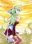  1girl blue_eyes dress feathers female final_fantasy final_fantasy_vi green_hair long_hair outdoors ponytail sky smile solo thigh-highs tina_branford 