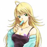  blonde_hair butterfly detached_sleeves green_eyes hoshii_miki idolmaster long_hair lowres popsicle tattoo 