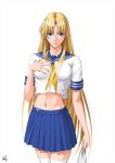  1girl blonde_hair blue_eyes blush breast_grab crescent crescent_hair_ornament crop_top grabbing hair_ornament holding long_hair looking_at_viewer midriff navel school_uniform serafuku sharon simple_background skirt solo standing takatan thigh-highs very_long_hair white_background white_legwear words_worth zettai_ryouiki 