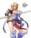  1girl armor blonde_hair blue_eyes blush braid breasts buckle cleavage gunner-l hairband large_breasts leina queen&#039;s_blade revealing_clothes solo sword weapon 