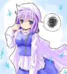  1girl bangs blue_eyes blush eyebrows eyebrows_visible_through_hair female hat letty_whiterock long_sleeves looking_at_viewer lowres purple_hair scarf short_hair simple_background solo spoken_squiggle squiggle touhou 