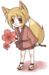  1girl animal_ears blonde_hair branch brown_eyes chibi flower fox_ears fox_tail full_body japanese_clothes kimono leaning_forward looking_at_viewer lowres matsuzuki_matsu sandals smile solo standing tail white_background 