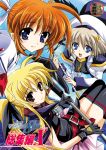  3girls bardiche belt black_legwear blonde_hair blue_eyes bow brown_hair cape cover cover_page doujin_cover fate_testarossa gloves halberd hat jacket kanna_(plum) long_hair lyrical_nanoha magical_girl mahou_shoujo_lyrical_nanoha mahou_shoujo_lyrical_nanoha_a&#039;s multiple_girls open_clothes open_jacket open_mouth orange_hair polearm ponytail puffy_sleeves red_bow red_eyes redhead ribbon schwertkreuz smile takamachi_nanoha thigh-highs twintails unison violet_eyes waist_cape weapon wings x_hair_ornament yagami_hayate 