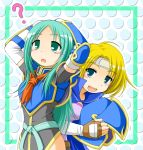  2girls ? armor blonde_hair blue_eyes breastplate earth_ekami fire_emblem fire_emblem:_akatsuki_no_megami fire_emblem:_souen_no_kiseki green_eyes green_hair hand_on_head headband heather_(fire_emblem) helmet multiple_girls nephenee no_hat no_headwear 