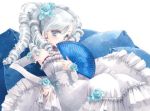  1girl bare_shoulders blue_rose covering covering_face covering_mouth detached_sleeves dress drill_hair fan flower folding_fan frilled_dress frills grey_eyes hair_flower hair_ornament hato_rami lolita_fashion long_hair pillow reclining rose sitting solo white_dress white_hair 
