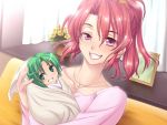  1girl baby game_cg grin higurashi_no_naku_koro_ni niikura_akane photoshop ponytail ribahara_aki ryoubo_-maternity_insult- smile sonozaki_mion what 