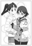  2girls :d amasawa_yuuko blush buttons coat cowboy_shot dennou_coil densuke holding long_sleeves monochrome multiple_girls nabeshiki nabeshiki_(rakuneko_yashiki) okonogi_yuuko open_mouth ponytail short_hair simple_background smile thigh_gap white_background winter_clothes winter_coat 