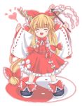  1girl blush bow cherry_blossoms closed_eyes cosplay female flower frilled_skirt frills gohei hair_bow hakurei_reimu hakurei_reimu_(cosplay) happy heart horns ibuki_suika japanese_clothes miko outstretched_arms skirt skirt_set smile solo spread_arms standing tm touhou wide_sleeves yin_yang 