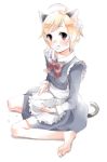  ahoge animal_ears barefoot blonde_hair cat_ears cat_tail lowres maid ribbon schmooze tail 