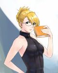  1girl bare_shoulders blonde_hair book brown_eyes capcom glasses gyakuten_saiban gyakuten_saiban_3 halterneck kamiya_kirio lowres michael solo 