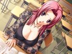  1girl book breasts chair classroom cleavage collarbone desk dutch_angle earrings ears female fingernails game_cg hands huge_breasts indoors jewelry long_fingernails long_hair looking_at_viewer mature milf necklace ooeyama_inori open_book open_mouth pink_eyes pink_hair pointing redhead shironeko_sanbou sitting solo teacher tsuyokiss 