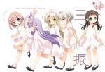  00s 5girls ahoge antenna_hair binzume_yousei blonde_hair blue_eyes bottle_fairy brown_hair cat chiriri elf green_eyes grey_hair hat hororo kururu kururu_(bottle_fairy) mary_janes multiple_girls oboro_(binzume_yousei) oboro_(bottle_fairy) pink_hair pointy_ears purple_hair red_eyes rere sarara shoes short_hair simple_background tokumi_yuiko violet_eyes white_background yellow_eyes 