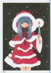  1girl azuma_mayumi blue_hair candle capelet christmas cross elemental_gelade hat highres long_hair reverie_metherlence santa_costume snow solo 