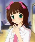  1girl amami_haruka blush brown_hair chair collar door eating ebihara_kyousuke food green_eyes idolmaster indoors jacket long_sleeves looking_at_viewer mouth_hold open_clothes open_jacket pocky shirt solo t-shirt table tareme upper_body 
