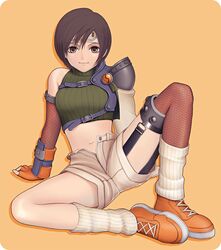 1girl arm_support armor bare_shoulders brown_eyes brown_hair closed_mouth crop_top cropped_sweater female final_fantasy final_fantasy_vii fishnet_legwear fishnets full_body green_sweater headband leg_warmers loose_socks midriff ninja ninja_(final_fantasy) open_fly orange_footwear shoes short_hair shorts simple_background single_bare_shoulder single_pauldron sleeveless sleeveless_sweater sleeveless_turtleneck sneakers socks solo suhara_(protea) sweater thigh-highs turtleneck unbuttoned unbuttoned_shorts unzipped yuffie_kisaragi