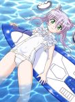  00s 1girl :3 afloat al_azif azusa_norihee bad_anatomy blush covered_navel demonbane double_bun flat_chest green_eyes lying navel on_back one-piece_swimsuit poorly_drawn purple_hair school_swimsuit solo surfboard swimsuit water white_school_swimsuit white_swimsuit 