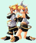  1boy 1girl belt blonde_hair blue_eyes brother_and_sister hair_ribbon hand_holding kagamine_len kagamine_rin leg_warmers ribbon serafuku siblings twins utsurogi_angu vocaloid 