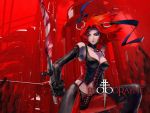  1girl blood bloodrayne bloodrayne_(videogame) bow breasts choker cleavage collar dhampir elbow_gloves gloves green_eyes jewelry laceups large_breasts leather leather_armor lingerie necklace redhead ribbon solo thigh-highs underwear 
