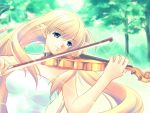  1girl bare_shoulders blonde_hair blue_eyes elf forest game_cg instrument letterboxed long_hair nature pointy_ears solo tama_two_(fukuya) violin 