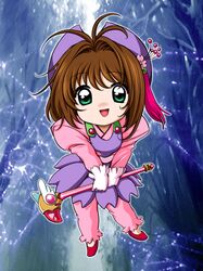  1girl 90s brown_hair card_captor_sakura chibi child d-ten fuuin_no_tsue hat kinomoto_sakura magical_girl purple_hat purple_skirt skirt solo wand 